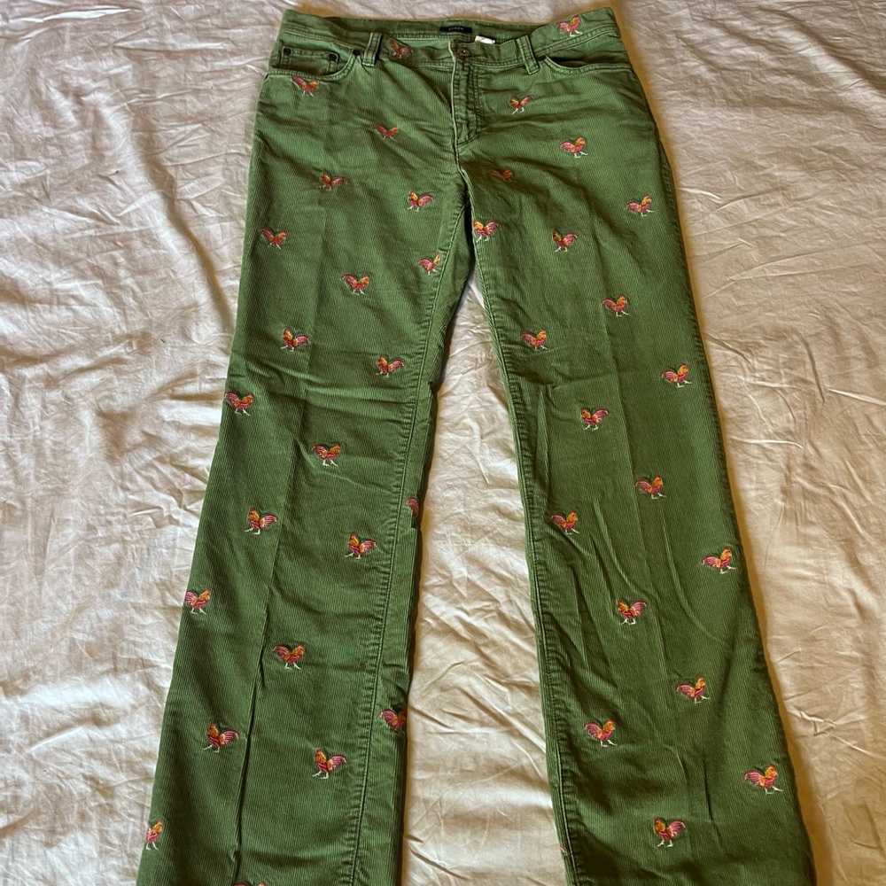 J. Crew Green Pants with Pink Embroidered Roosters